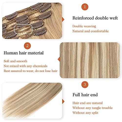 Clip in Hair Extensions Real Human Hair Blonde 22 inch 8pcs 120g 100% Unprocessed Full Virgin Hair Pieces for Women Human Hair Extensions Double Weft(22 inch #18/613)