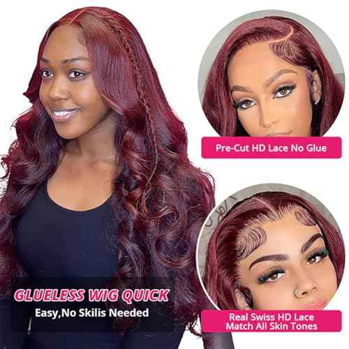 Wear and Go Glueless Wigs Human Hair Pre Plucked Pre Cut for Beginners 99j Burgundy Lace Front Wigs Human Hair Upgraded No Glue 5x5 HD Body Wave Lace Closure Wigs Human Hair for Women 30 Inch