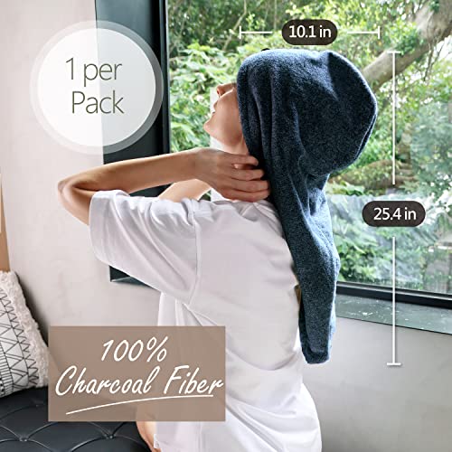 myHomeBody Hair Towel Wrap | Luxury Rapid-Dry Hair-Drying Turban | Ultra Soft and Quick Drying Absorbent Charcoal Fiber, with Coconut Shell Button – Midnight Blue