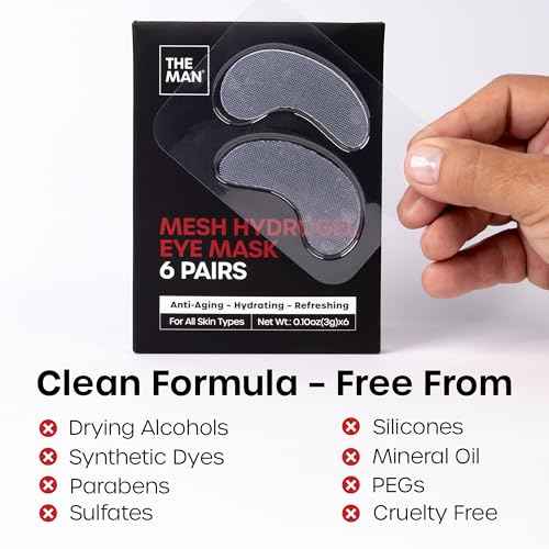 The Man Mesh Hydrogel Under Eye Patches for Men - Cooling, Hydrating & Firming Eye Masks for Dark Circles & Puffiness - Men's Anti-Aging Patches with Hyaluronic Acid, Collagen & Vitamin E. (6 Pairs)