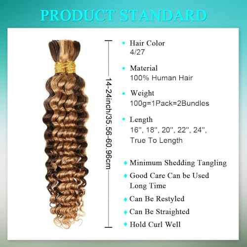Human Braiding Hair for Boho Braids 110g 18 Inch Deep Wave Boho Bulk Human Hair for Braiding Knotless 12A Wet and Wavy Bohemian 2 No Weft Bundles/Pack Curly Braids Natural Color 4/27