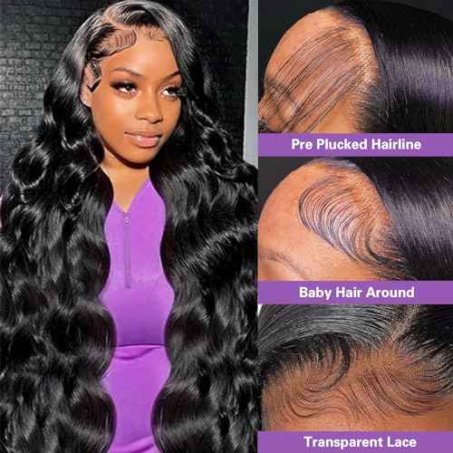 32 Inch Body Wave Lace Front Wigs Human Hair Pre Plucked 13x6 HD Transparent Lace Frontal Wigs Human Hair 180% Density Wigs for Women with Baby Hair