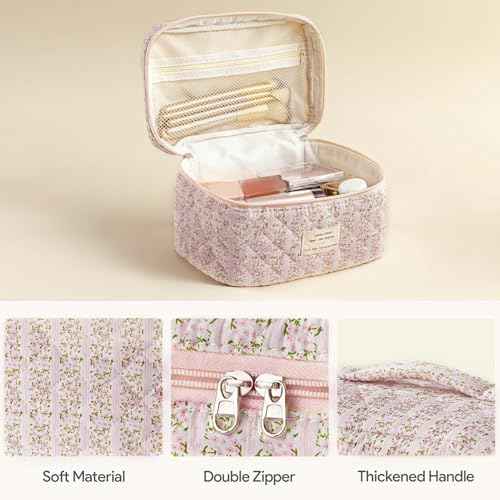 HBselect Quilted Makeup Bag, 3PCS Cotton Large Travel Makeup Bag, Cute Floral Coquette Make up Bag Cosmetic Bag Toiletry Bag for Women Girls