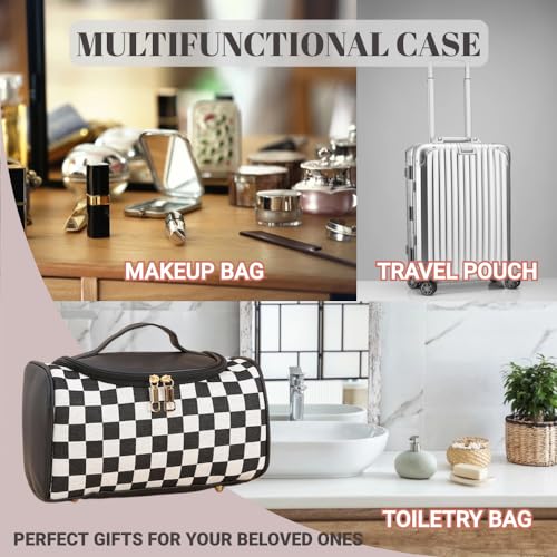 Waztyuk Checkered Makeup Bag Travel Purse Toiletry Bag Women Cute Cosmetic Case Portable Hanging Organizer for Essentials (Black)