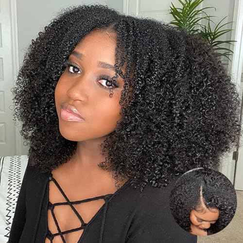 V SHOW Curly V Part Wig Human Hair Upgrade U Part Wig Human Hair Wigs for Women Glueless V Shape Wig Afro Curly Wigs No Leave Out 180% Density Natural Color 18Inch