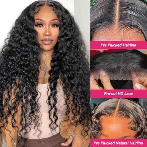 6x4 Deep Wave Lace Front Wigs Human Hair 180 Density Glueless Wigs Human Hair Pre Plucked 6x4 Deep Wave Closure Wig Human Hair Pre Cut Wigs Human Hair Curly Wig 28 Inch