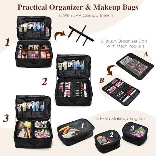 Adazzo Extra Large Makeup Case 8.5¡± Deep Professional Cosmetic Organizer Box Brush Holder with 3 Clear Set Bags/Lipstick Plate for Makeup Artists with Shoulder Strap/Adjustable Dividers/Luggage Sleeve