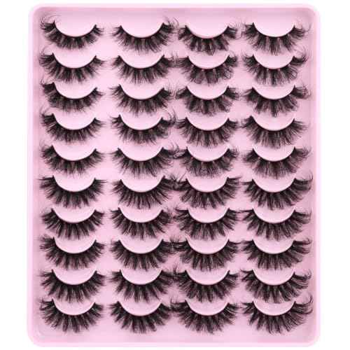 Mink Lashes Fluffy Faux Mink Eyelashes Wispy 20mm Long D-Curl Lashes Russian Cat Eye Strip Lashes Extensions Eyelashes Pack 20 Pairs