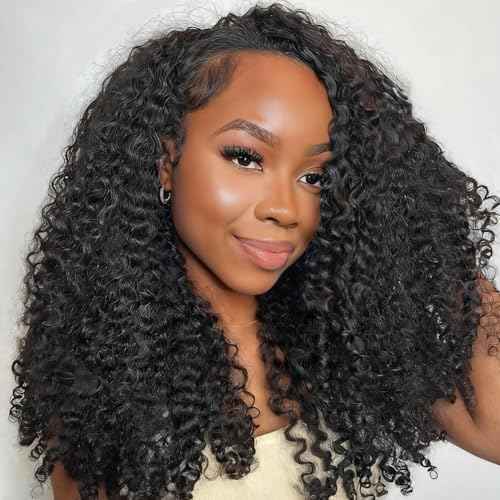 Kinky Curly Half Wig Human Hair 3 in 1 Glueless Wear And Go Human Hair Half Wigs For Women Seamless Flip Over Drawstring Headband Wig 180% Density Beginner Friendly 1B 20inch