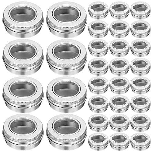Zubebe 50 Pcs Aluminum Tin Jar Refillable Containers Clear Top Screw Lid Round Tin Container Bottle for Cosmetic, Cream, Diamond Painting, Salves, Balms, Lip Balm, Spices or Others, Silver (1 oz)