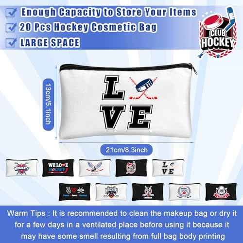 20 Pcs Hockey Gifts Inspirational Makeup Bag for Women Hockey Lovers Players Ice Gifts Bags Cosmetic Travel Pouch for Women Mom Athletics Birthday