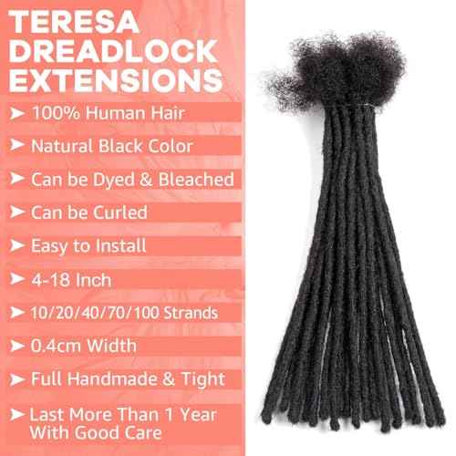 Teresa 8 Inch 0.4cm Width Loc Extension Human Hair Natural Black 60 Strands Full Hand-made Permanent Locs Extensions Can Be Dyed and Bleached for Men/Women/Kids Real Dreadlock Extensions Human Hair