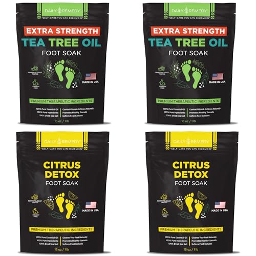 DAILY REMEDY 4-Pack Foot Soak Set - 2 Extra Strength Tea Tree Oil & 2 Citrus Detox - Made In USA - Soothes Tired Feet, Athletes Foot, Stubborn Foot Odor, Softens Calluses & Refreshes & Detoxifies