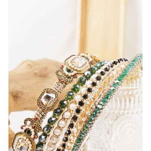 YARN & INK 7 Pcs Women's Champagne Gold Rhinestones Headbands for Women Girls, 80s Pearsl Headband Party Headwear Vintage Bling Christmas Gift (Mix Hairbands)
