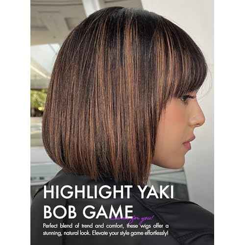 LUVME HAIR 10 Inch Yaki Straight Bob Wig with Bangs Human Hair Glueless HD Lace Bob Wig with Brown Highlights, Ready to Go Short Wigs For Women 180 Density (Breathable Cap)