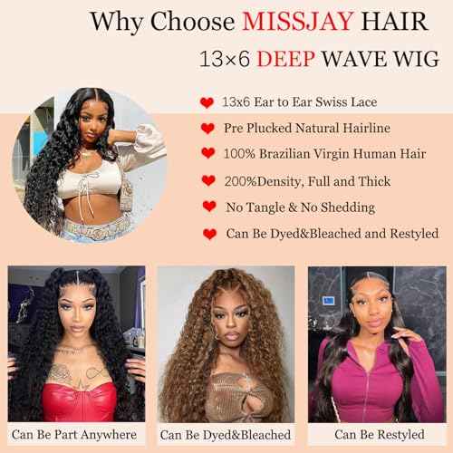 MISSJAY 13x6 Deep Wave Wig Human Hair 26 Inch Deep Wave Lace Front Wig Human Hair 200% Density Natural Color Deep Curly Wig Glueless Brazilian Virgin Hair Pre Plucked with Baby Hair for Women