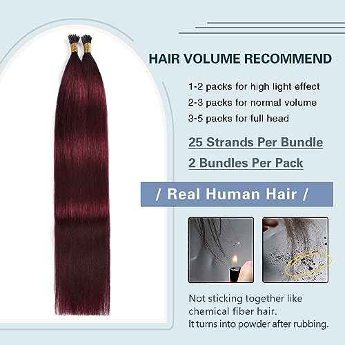 Sunya I Tip Hair Extensions Human Hair Burgundy 18 Inch Wine Red Pre Bonded I Tip Hair Cold Fusion I Tip Hair Extensions #99j 40g 50 Strands/Pack