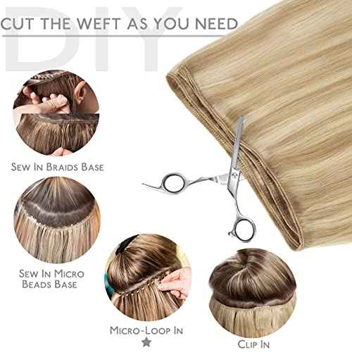 WENNALIFE Sew in Hair Extensions Real Human Hair, 22 Inch 110g Light Blonde Highlighted Golden Blonde Machine Weft Remy Hair Hand Tied Weft Straight Extensiones De Cabello Hmano