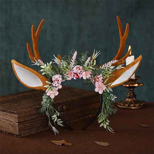 MOSTORY Handmade Antler Headband Brown - Adjustable Reindeer Horns Crown with Ears Fairy Flower Woodland Headpiece for Renaissance Christmas Cosplay Prom Fae Ball Costume Photo Prop