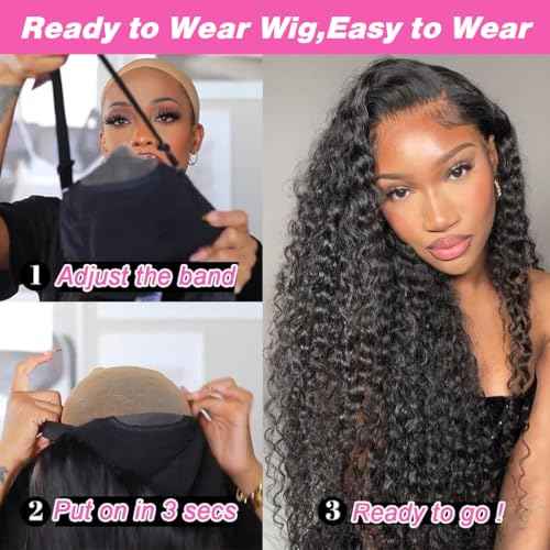 Glueless Wigs Human Hair Pre Plucked Pre Cut 250% Density 5x5 Deep Wave Lace Closure Wigs Human Hair Wear and Go Glueless Wigs Brazilian Virgin Human Hair Wigs (#1B,20Inch)