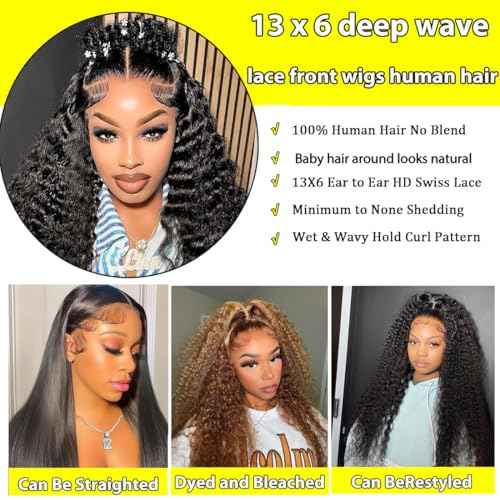 Deep Wave Lace Front Wigs Human Hair 13x6 HD Lace Front Wigs Human Hair Deep Curly Wig for Black Women Pre Plucked Natural Color 28 Inch