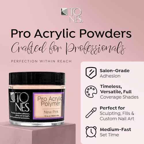 Tones Pro Acrylic Nail Powder, New Pink (Fresh Peach-Toned Pink), (3.5 Fl Oz) - Long-Lasting & Non-Yellowing Polymer for Salon Quality Nail Extensions & 3D Art