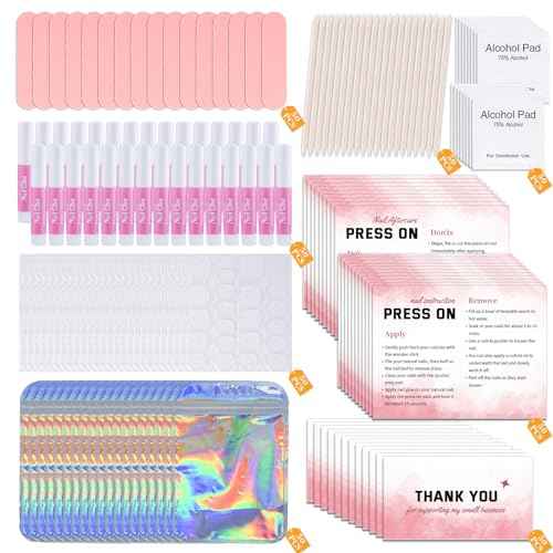 Press On Nail Tool Kit for Business - Prep Application Disposable Kit With File, Glue, Prep Pads, Instruction Card, Adhesive Tabs, Wood Stick, Holographic Bag (50pcs in Pink)