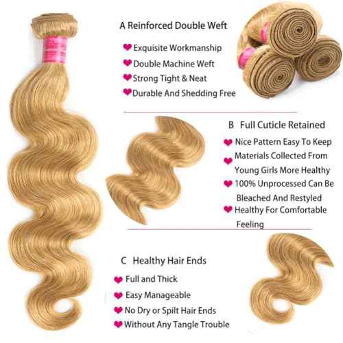 Aopusi #27 Human Hair Bundles Brazilian Body Wave Virgin Hair Honey Blonde Body Wave Bundles #27 Colored Blonde 3 Bundles/Lot for Black Women(20 22 24 Inch)