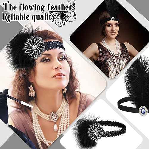 Ceenna 24 Pcs 1920s Flapper Headbands Roaring 20s Black Feather Headpiece for Women 1920s Hair Feather Accessories Birthday Party Hair Costume Decorations