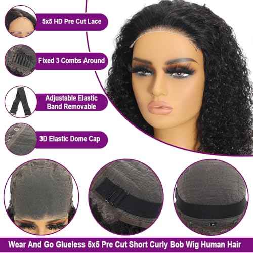 Glueless Curly Bob Wigs Human Hair Pre Plucked Pre Cut 5x5 HD Lace Closure Wigs for Black Women Wear and Go Lace Frontal Wig Human Hair Deep Wave Lace Front Short Bob Wigs 180 Density 14 Inch