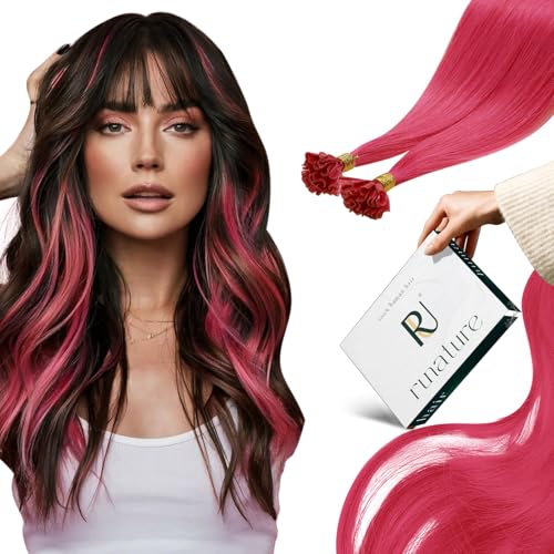 RUNATURE Keratin Tip Extensions U Tip Hair Extensions Human Hair Utip Human Hair Extensions Hot Pink K Tip Extensions Real Human Hair Prebonded Hot Fusion Hair Extensions for Highlight 20 Inch 25g 25s