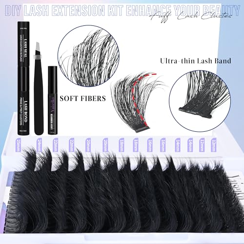 Mega Lash Clusters Kit 300D Thick 12-25mm Volume Cluster Eyelash Extensions Kit 224Pcs Wispy Individual Lashes with Lash Bond and Seal and remover Eyelash Clusters Soft False Eyelashes by Yaiseiko