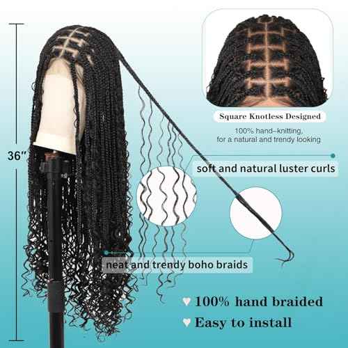 Kalyss 13x8 HD Lace Front Braided Wigs Boho Braided Wigs for Women Knotless Braid Wig with Baby Hair Box Braid wigs Long Premium Synthetic Wig Black 36 Inch