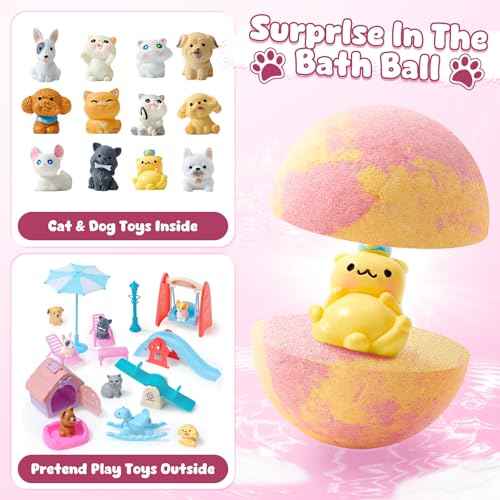 Bath Bombs for Kids with Surprise Inside for Girls Boys, 12 Pack Kids Bath Bombs with Dog & Cat Toys Pretend Playset Handmade Bubble Bath Fizzies Birthday Christmas Gift Set