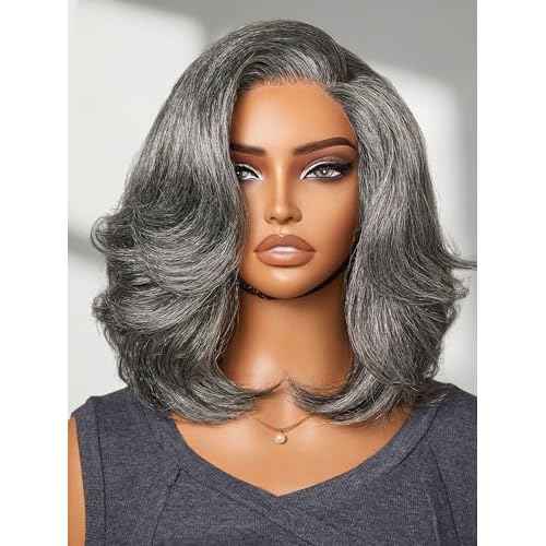 LUVME HAIR Salt & Pepper Layered Bob Glueless Pre-Cut Lace Wig Gray Wigs For Women Short Grey Hair Glueless Bob Wigs Pre Plucked Pre Cut Pixie Cut