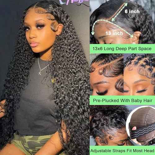 28 Inch Deep Wave Lace Front Wigs Human Hair 200 Density 13X6 HD Lace Front Wigs Human Hair Pre Plucked Deep Curly Frontal Wigs Human Hair for Women Natural Black