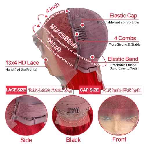Red Bob Wigs Human Hair Pre Plucked Red Lace Front Wigs Human Hair for Black Women 180% Density Wear and Go Glueless 13x4 HD Transparent Lace Frontal Straight Short Bob Wigs 8 Inch