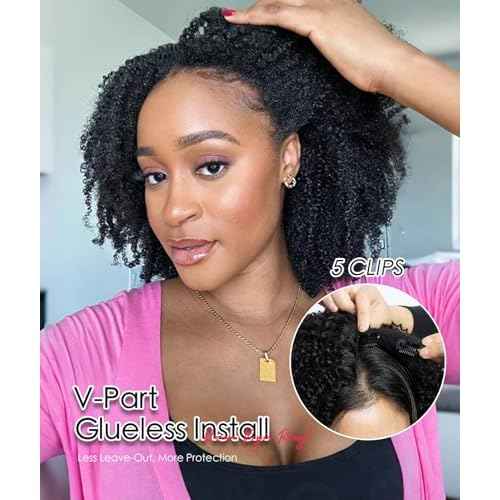 QUEEN VIRGIN REMY QVR Lace V-Part Wig Human Hair Kinky Curly No Leave Out V Shape Full Head Clip In Half Wig with Drawstring Natural Black Curly U Part Human Hair Wig for Black Women 16 Inch
