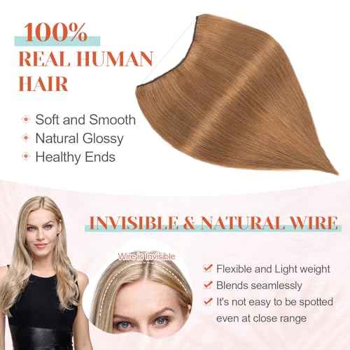 Benehair Miracle Wire Extension for Women Real Human Hair Hairpieces with Invisible Secret Fish Line Adjustable Wire Replacement Light Brown Hair Extension 20inch for Thinning Hair #6