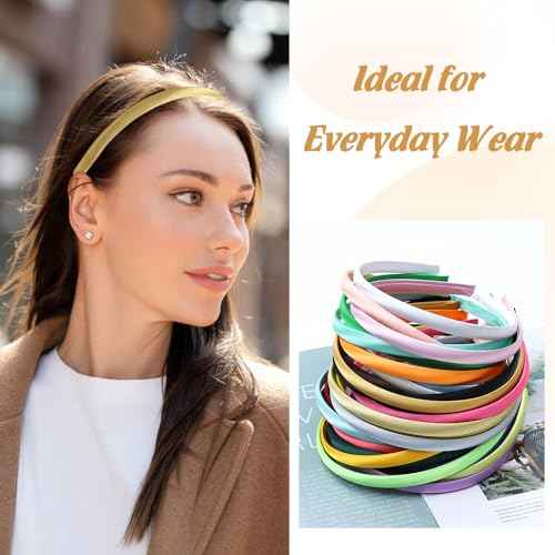 Cinaci 30 Pieces Candy Color Width 1cm/0.4" Thin Plastic Headbands Satin Covered Blank Plain DIY Craft Headbands for Women Girls Teens Kids