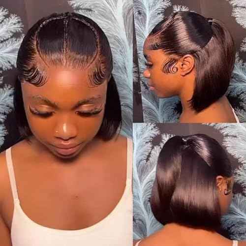 Ali Pearl Wigs Half Up Half Down Straight Lace Front Wigs Human Hair 13x4 HD Glueless Bob Wig Human Hair Pre Plucked Pre Cut For Black Women Short Bob Wigs 180% Density Pre Braided Wig 12 Inch