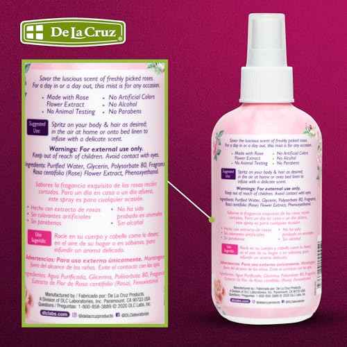 De La Cruz Pure Rose Water Body Mist,Rosewater Spray for Face, Skin & Hair,Toner & Rose Water for Hair Alcohol Free, Paraben Free 8 fl oz (1 Bottles)