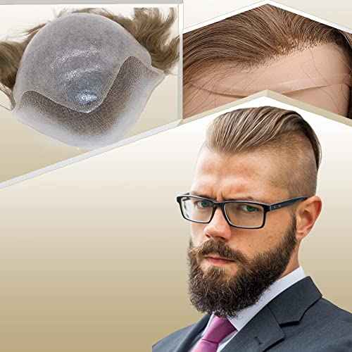 Mens Toupee European Human hair Replacement for Men Hairpiece Swiss Lace Front 0.08mm Thin Skin PU All V-looped Man Wigs 10x8inch #18 Dark Blonde Color