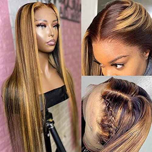 Lemoda Outlet Deals 13x6 Highlight Ombre Lace Front Wig Human Hair 180 Density 24 Inch Straight Transparent Lace Pre Plucked Honey Blonde Human Hair Wigs for Women P4/27 Color
