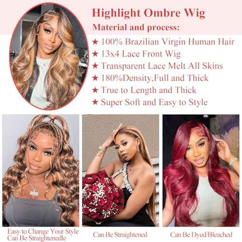 Honey Blonde Wig Human Hair Body Wave P4/27 Highlight Ombre Lace Front Wig Human hair 13X4 Lace Front Wigs Human Hair 180% Density HD Transparent Pre Plucked Body Wave Lace Front Wigs 20 Inch
