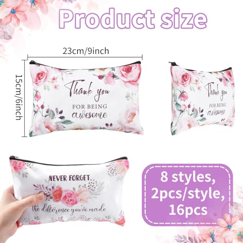 16PCS Canvas Cosmetic Bags Bulk Inspirational Quotes Makeup Bags for Women Encouragement Travel Pouch with Zipper Flower Cosmetic Pouch for Christmas Friendgiving Friend Gifts