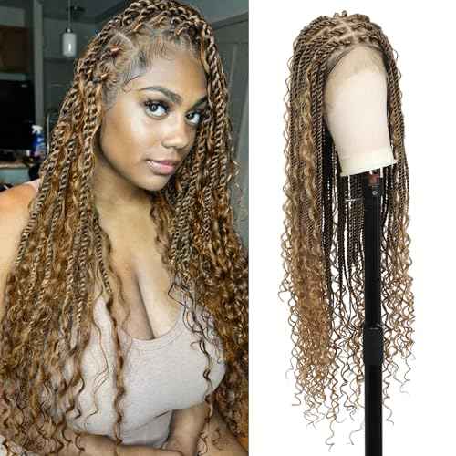 Kalyss HD Full Lace Boho Braided Wigs for Women 360 Lace Front Twist Braided Wigs with Baby Hair Light Brown Premium Synthetic Knotless Braid Wig 36"