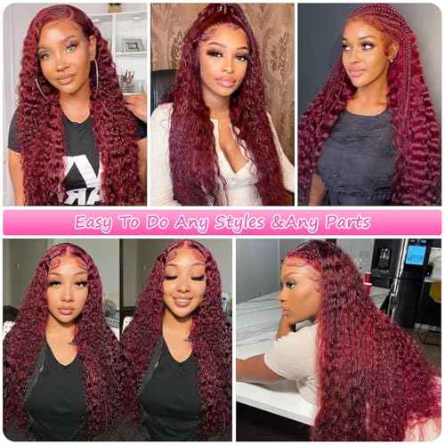 99j Burgundy Lace Front Wigs Human Hair 13x6 Deep Wave Lace Front Wigs Human Pre Plucked 180 Density HD Transparent Red Colored Wigs for Women with Baby Hair 20 Inch