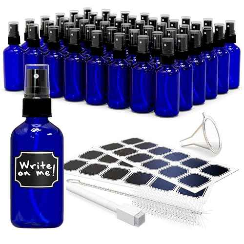Nevlers Blue Glass Spray Bottles 4 Oz 48 Pack | Small Spray Bottles Mist Sprayer Set w/Funnel, Brush, Marker & Labels | Glass Mist Bottle For Use As Atomizer Sprayer for Perfume & More