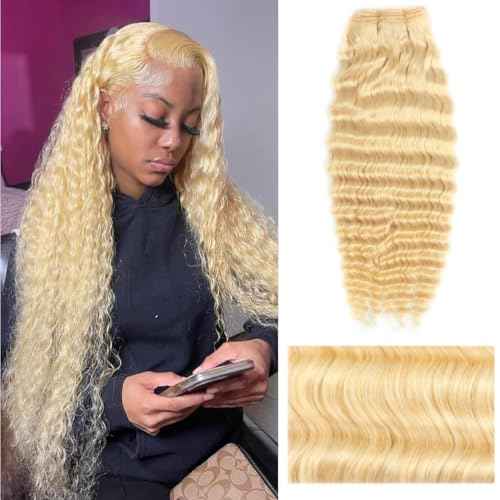 12A 613 Blonde Deep Wave Human Hair Bundles 24Inch 100% Unprocessed Brazilian Virgin Hair Extensions, Soft Double Weft Weave Curly Deep Wave Bundles Human Hair for Women (24inch)